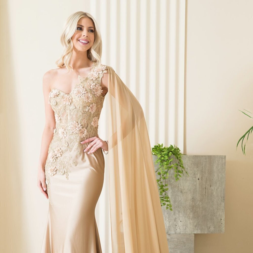 NEW LONG ONE SHOULDER EMBROIDERED GOWN WITH ZIPPER BACK & SHOULDER CAPE 388